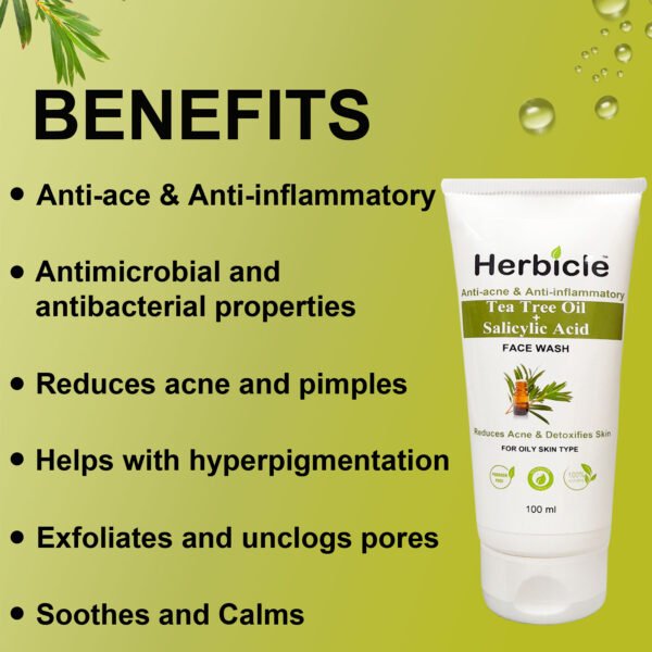 Herbicle Tea Tree Oil + Salicylic Acid Face Wash For Reduces Acne & Detoxifies Skin| 100% natural | For All Oily Type | 100 ml - Image 5
