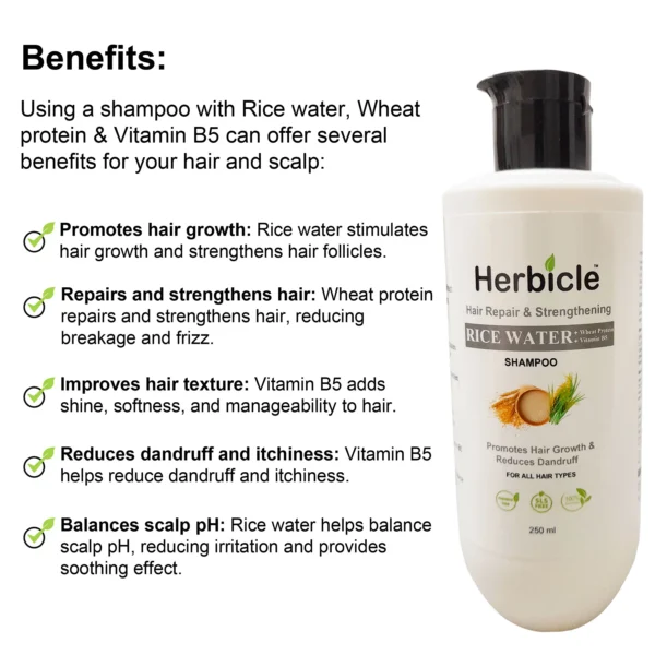Herbicle Rice Water + Wheat Protein Vitamin B5 Shampoo for Hair Repair & Strengthening | 100% natural | For All Hair Types | 250 ml - Image 5
