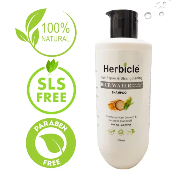 Herbicle Rice Water + Wheat Protein Vitamin B5 Shampoo for Hair Repair & Strengthening | 100% natural | For All Hair Types | 250 ml - Image 4